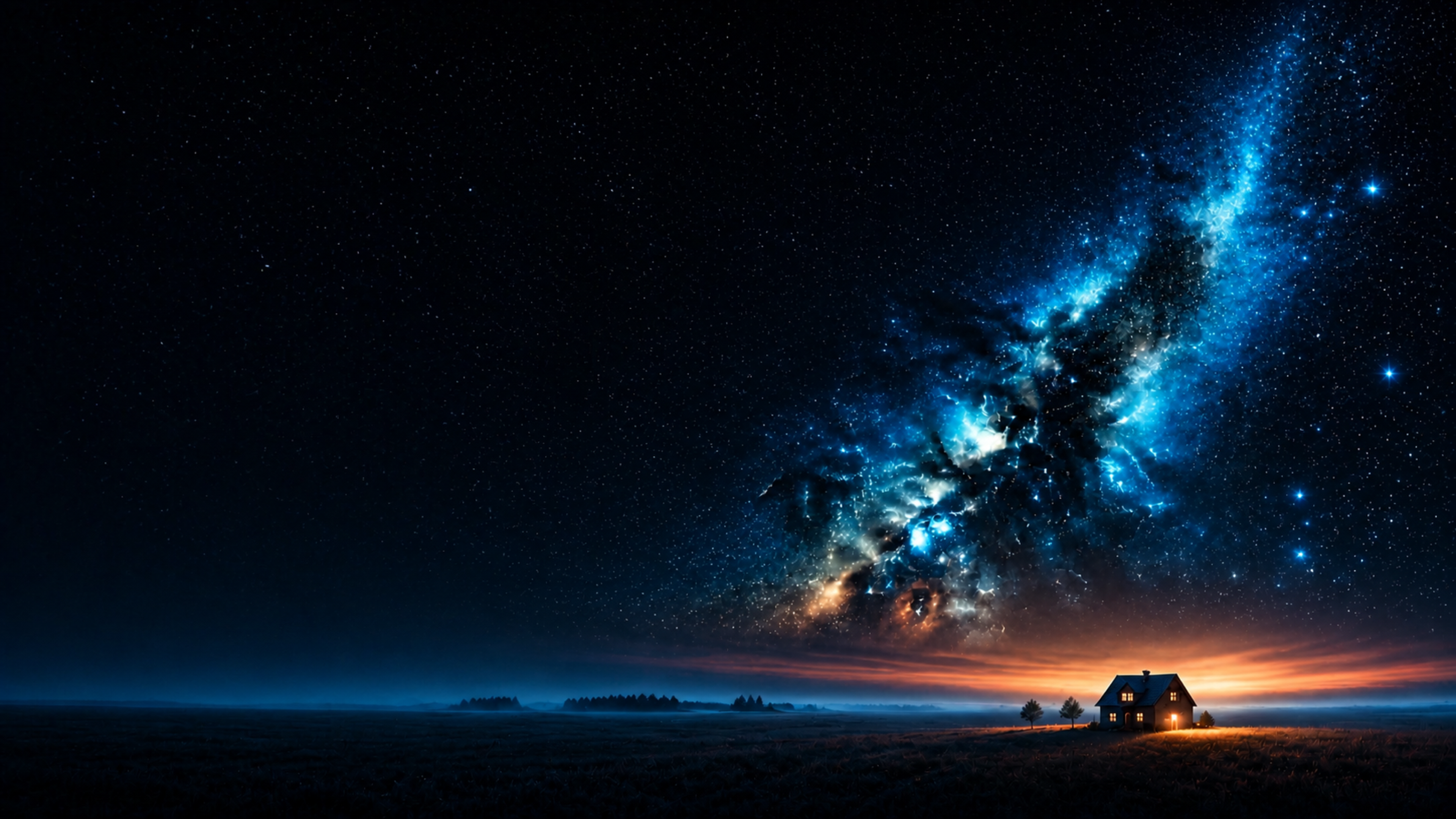 A solitary illuminated house beneath an expansive turquoise night sky filled with stars