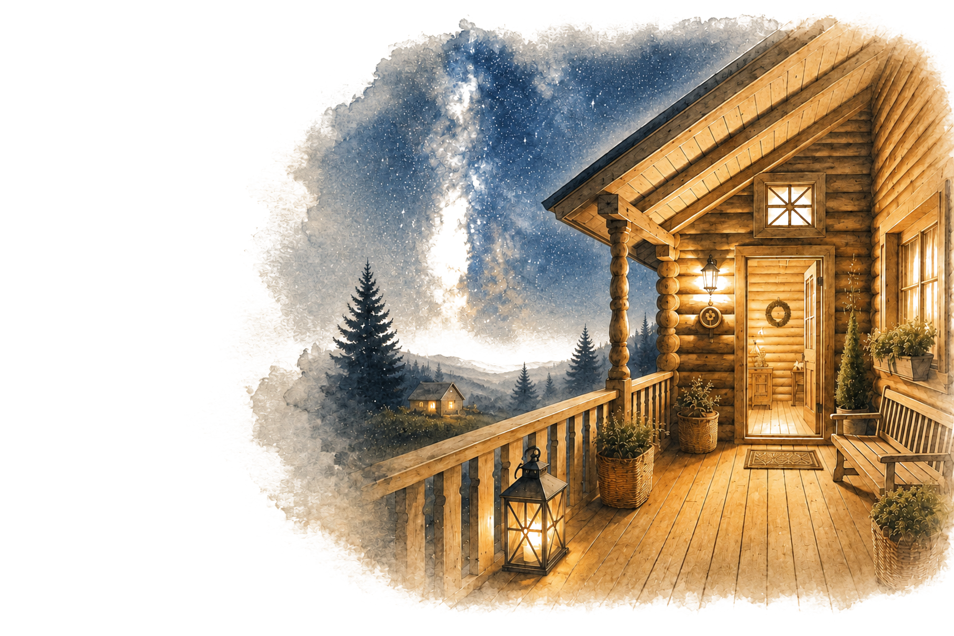 A warmly lit timber cabin veranda beneath the Milky Way