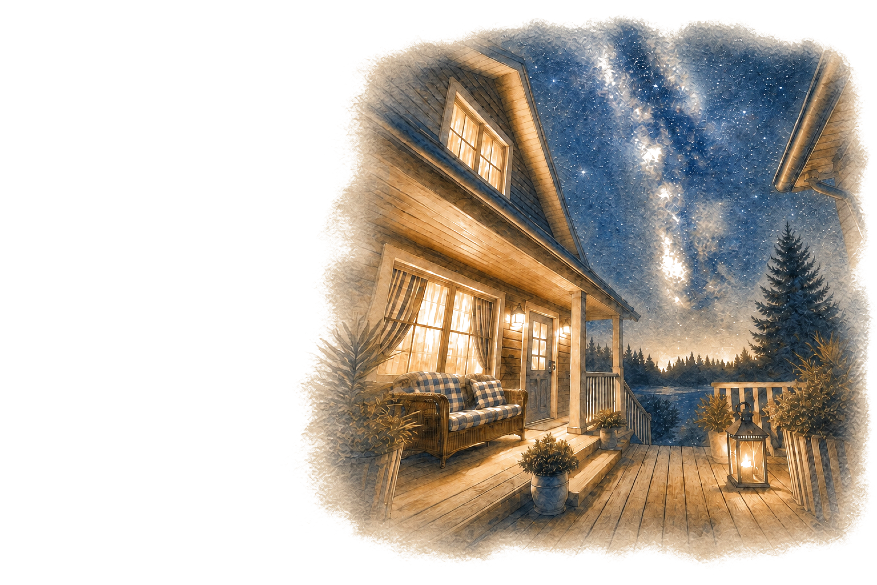 A welcoming cabin porch under an expansive Milky Way