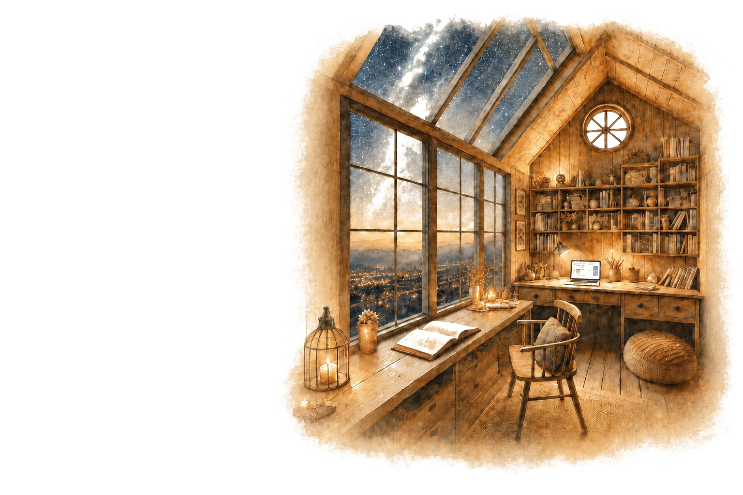 A quiet glass-roofed study beneath a star-filled sky